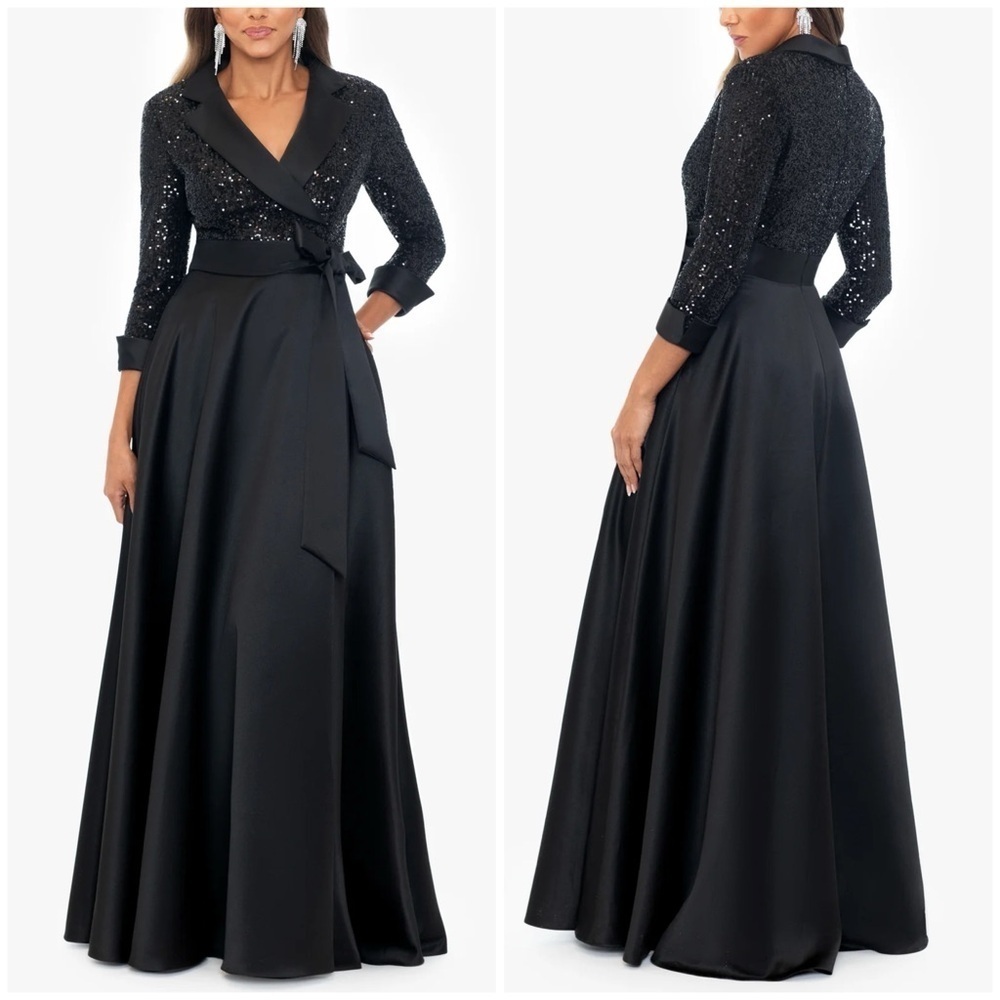 NWT Xscape Jonna Sequin Tuxedo Bodice and Satin Skirt Floor Length Dress Sz 8